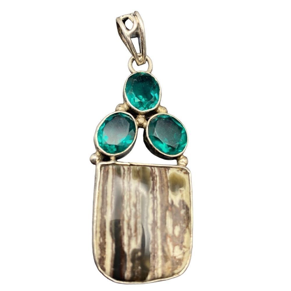Sterling silver 925 zebra jasper and green CZ pendant necklace